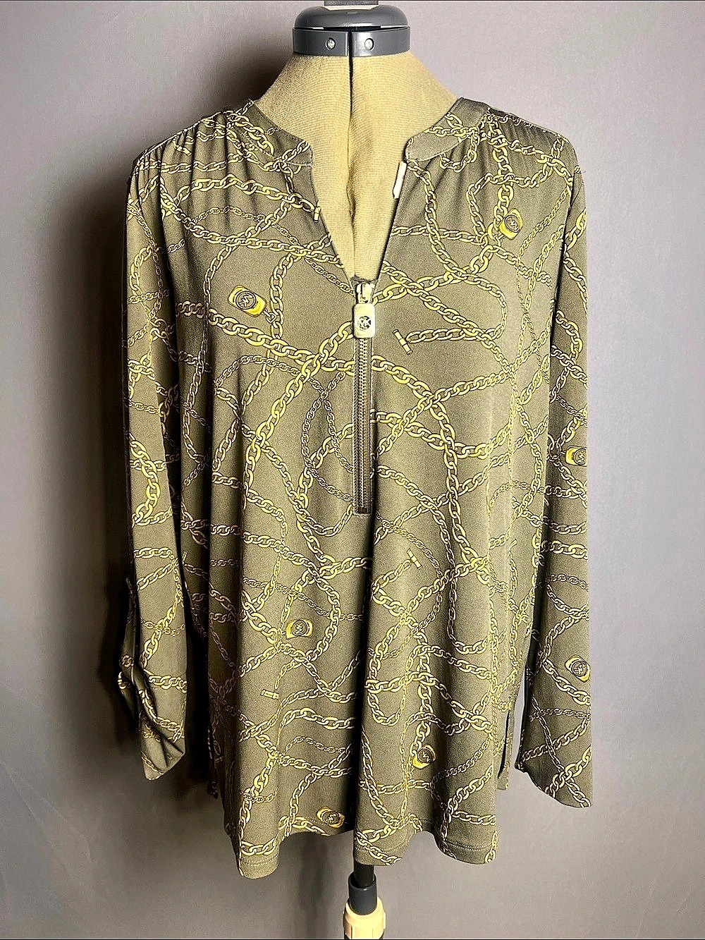 Michael Kors Olive Green Gold Chain Print Zip Front Blouse L